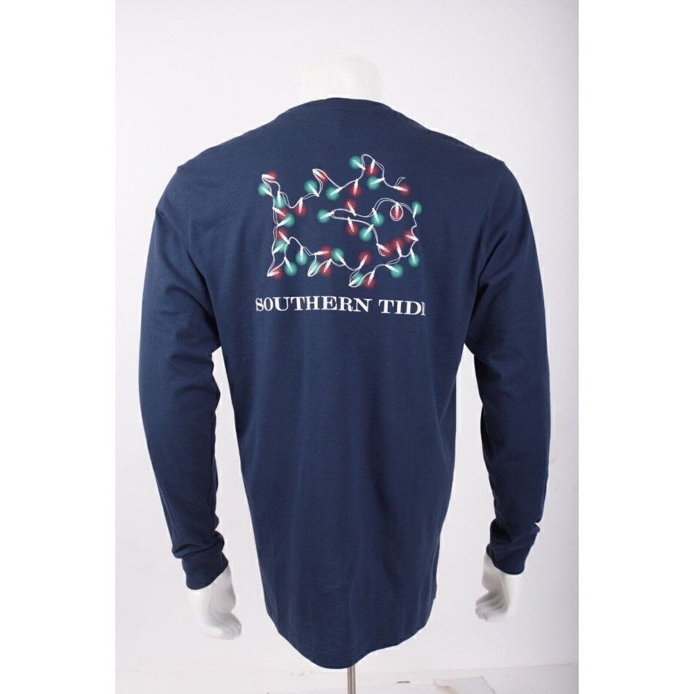 Southern Tide Mens Skipjack Tee Shirt M String of Christmas Lights Blue NWT